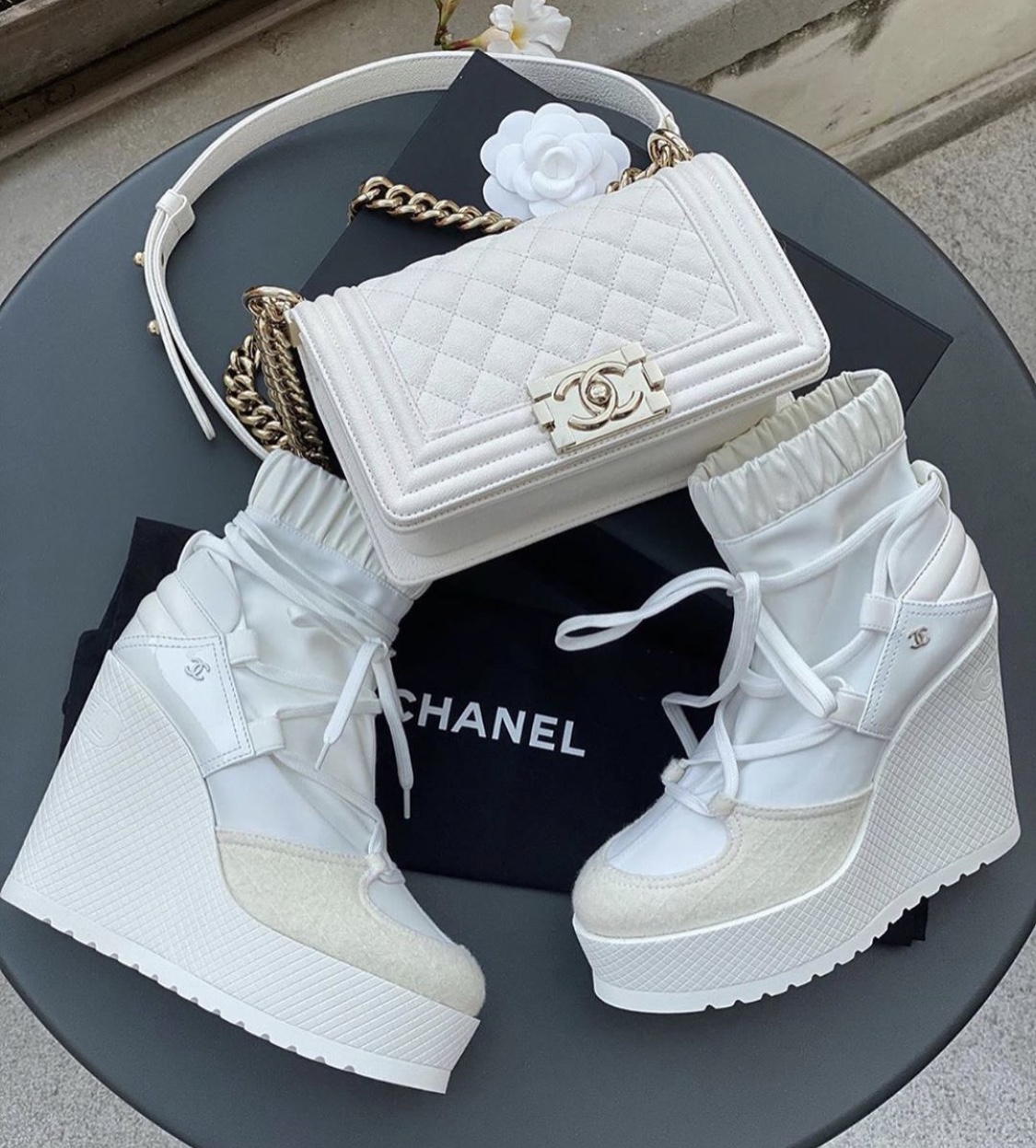 chanel lace up booties