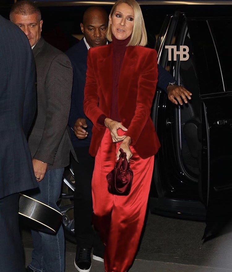 Celine Dion Puts us in the Perfect Holiday Spirit Wearing a Dashing Red  Velvet Tom Ford Blazer, Turtle Neck & Silk Pants Ensemble
