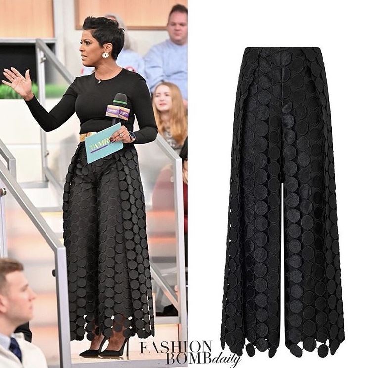 The Bombshells Are Raving: Tamron Hall Wears Circular Lace Patterned Pants from Solace London on The Tamra Hall Show.