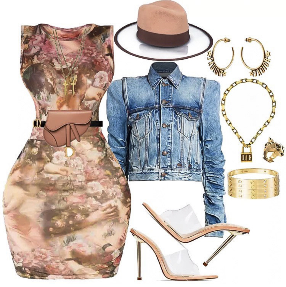 Outfit_Inspiration_Pretty_Little_Thing_Renaissance_Skirt_and_Top_R-13_Denim_Jacket_and_D'stree_Two_Tone_Fedora
