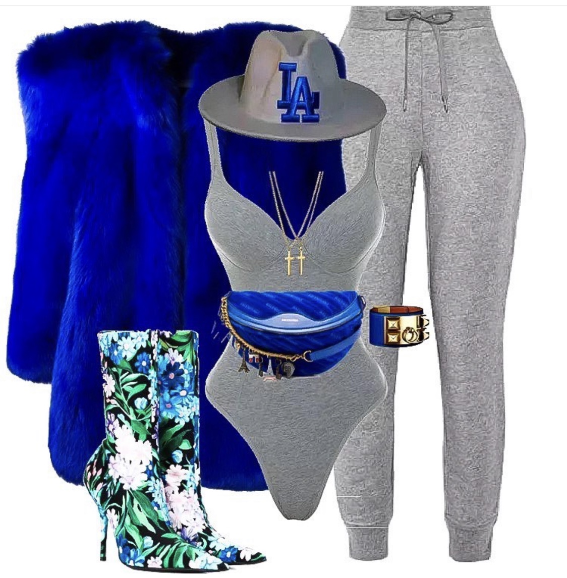 Outfit_Inspiration_Saint_Laurent_Blue_Fur_Coat_House_of_CB_Gray_Bodysuit_and_Balenciaga_Accessories