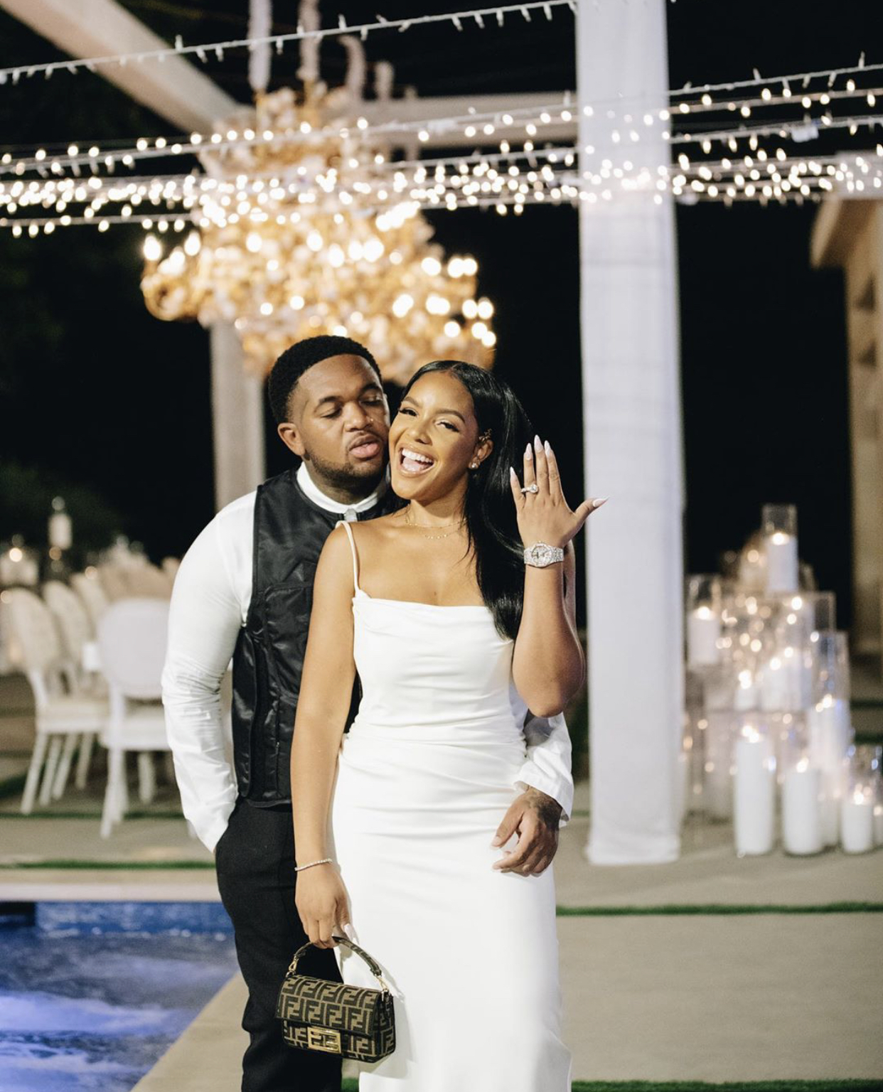 Fashion Bomb Wedding: DJ Mustard and Chanel McFarlene in Ivory House of CB  'Margaux' Dress and Mini Fendi Baguette Bag Tie the Knot With Small Wedding  Dinner! – Fashion Bomb Daily
