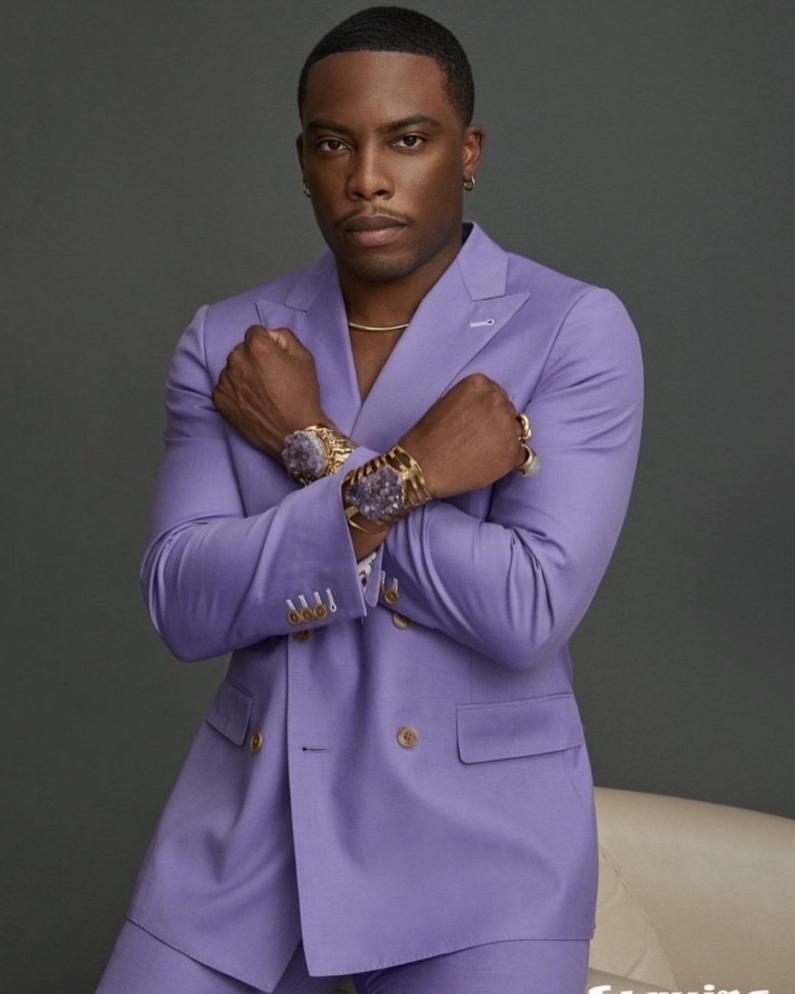Woody McClain Pays Homage to Chadwick Boseman in Garcon Couture's Lavender  Suit and Jovana Louis Amethyst Bracelets for Esquire Middle East, Styled by  Mickey Freeman – Fashion Bomb Daily