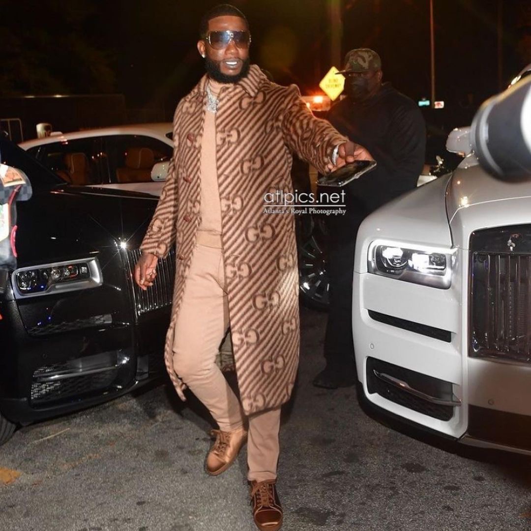 Gucci Mane Wears $10,000 Outfit for Verzuz Battle with Jeezy Including a  $6,300 Gucci Monogram Coat and $795 Christian Louboutin Brown Satin Shoes