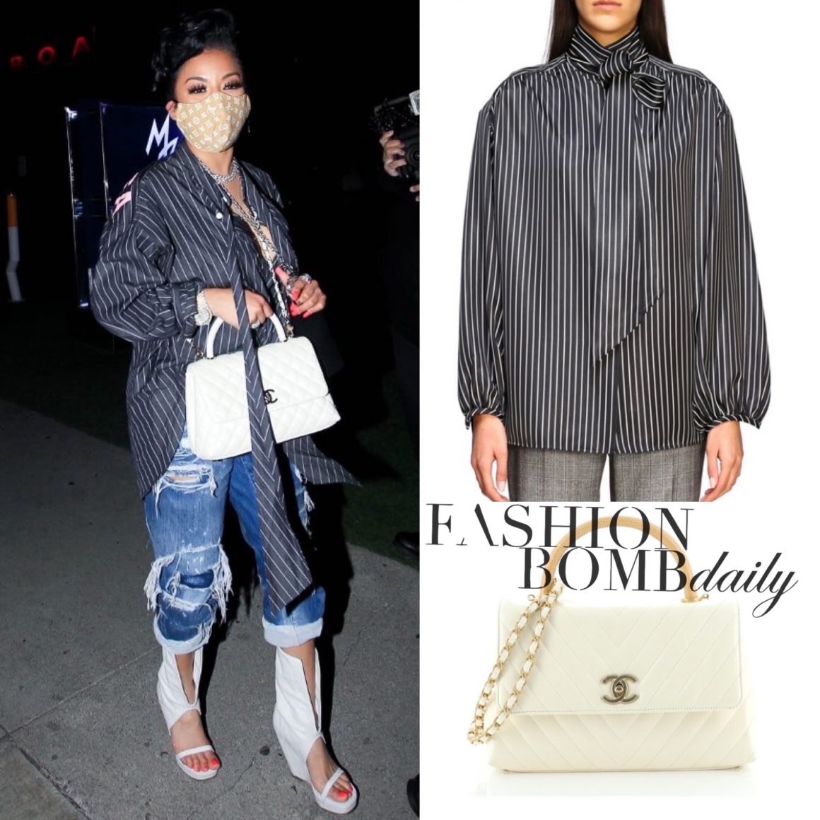 Splurge: Keyshia Cole's Hollywood $1,190 Balenciaga Striped Shirt, Louis  Vuitton Face Mask, Chanel Bag, and Rick Owens Sandals! – Fashion Bomb Daily