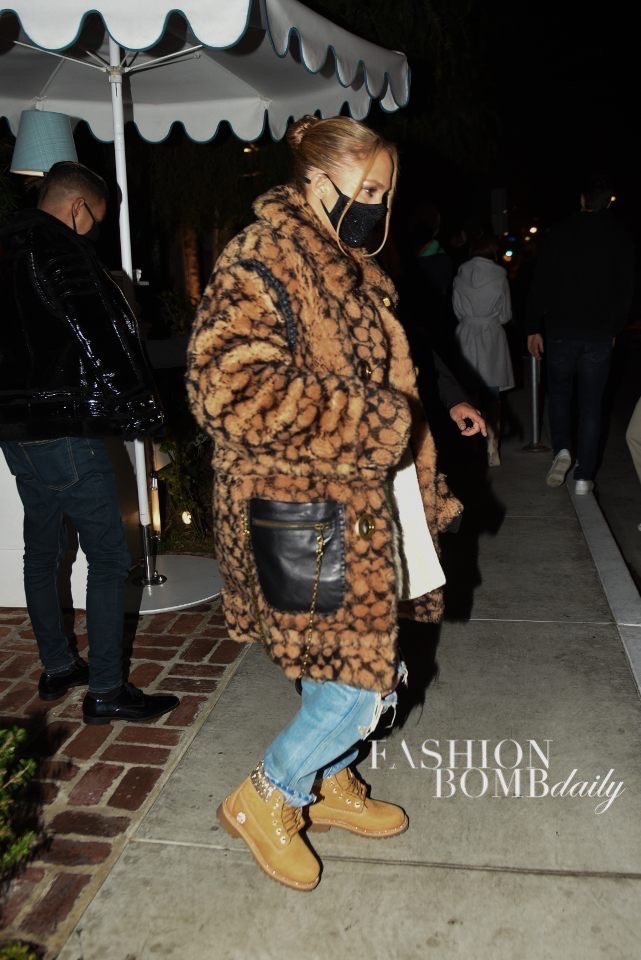 Splurge: Jennifer Lopez's Pre Thanksgiving Dinner Coach Monogram Teddy Coat  and Jimmy Choo x Timberland Boots – Fashion Bomb Daily