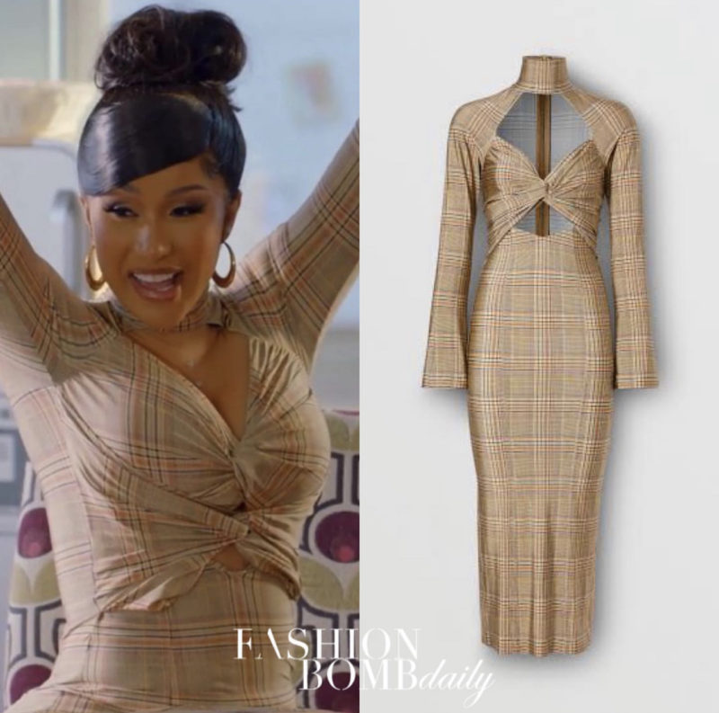Cardi B Spotted in $2,490 Burberry Checked Cutout Stretch Jersey Dress on  Facebook Watch Series 'Cardi Tries'
