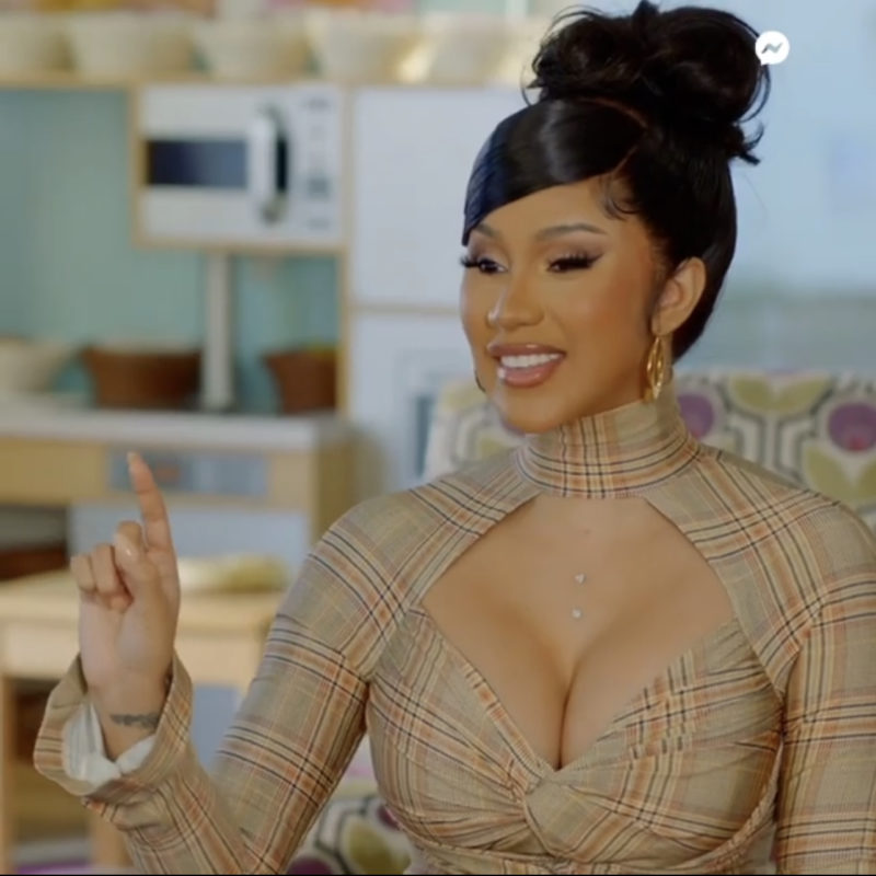 Cardi B Spotted in $2,490 Burberry Checked Cutout Stretch Jersey Dress on  Facebook Watch Series 'Cardi Tries'
