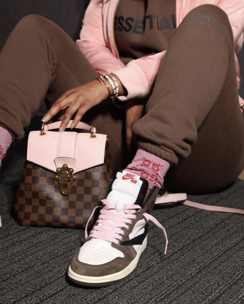Karen Civil Rocks Brown Essentials by Fear of God Logo Hoodie and  Sweatpants With Pink and Brown Louis Vuitton Clapton Backpack and Travis  Scott x Air Jordan 1 Sneakers – Fashion Bomb Daily