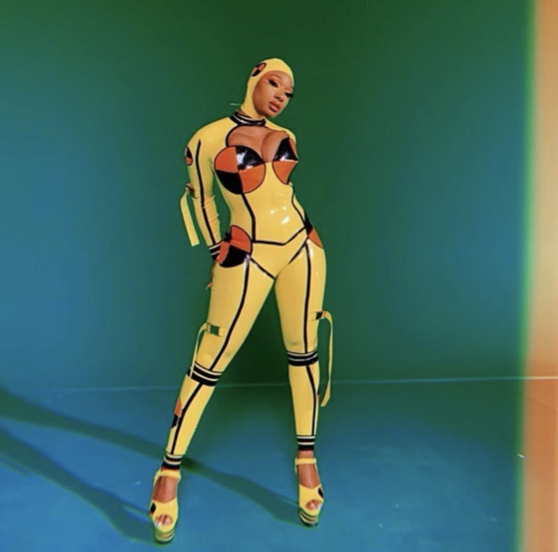 Megan Thee Stallion opted for a latex catsuit which was creatively designed...