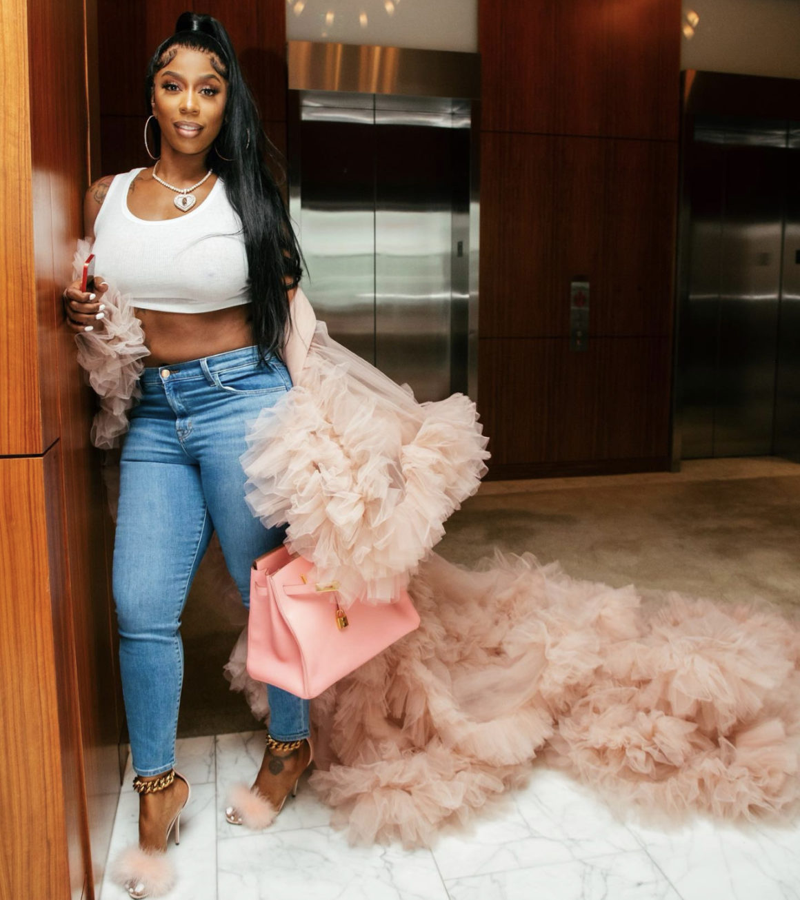 Kash Doll Shows Us Why Oyemwen Pieces Are Perfect for Special Occasions, Celebrates Her Birthday Rocking Blush Rose Pink Tulle Robe With Train From Fashion Bomb Daily Shop