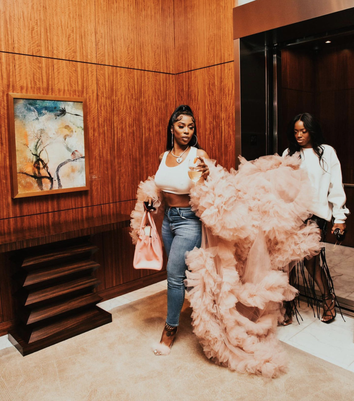 Kash Doll Shows Us Why Oyemwen Pieces Are Perfect for Special Occasions, Celebrates Her Birthday Rocking Blush Rose Pink Tulle Robe With Train From Fashion Bomb Daily Shop