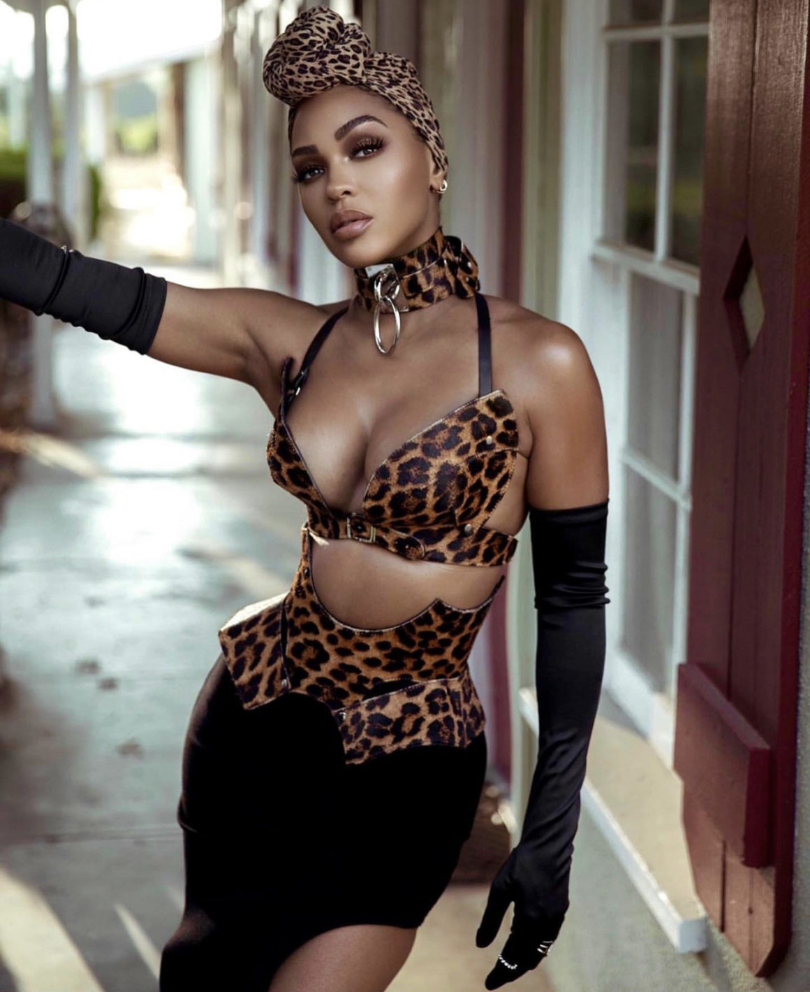 Meagan Good Covers Hello Beautiful in Zana Bayne Leopard Set Rick Owens Black Cut Out Skirt and Femme LA Black Pumps2