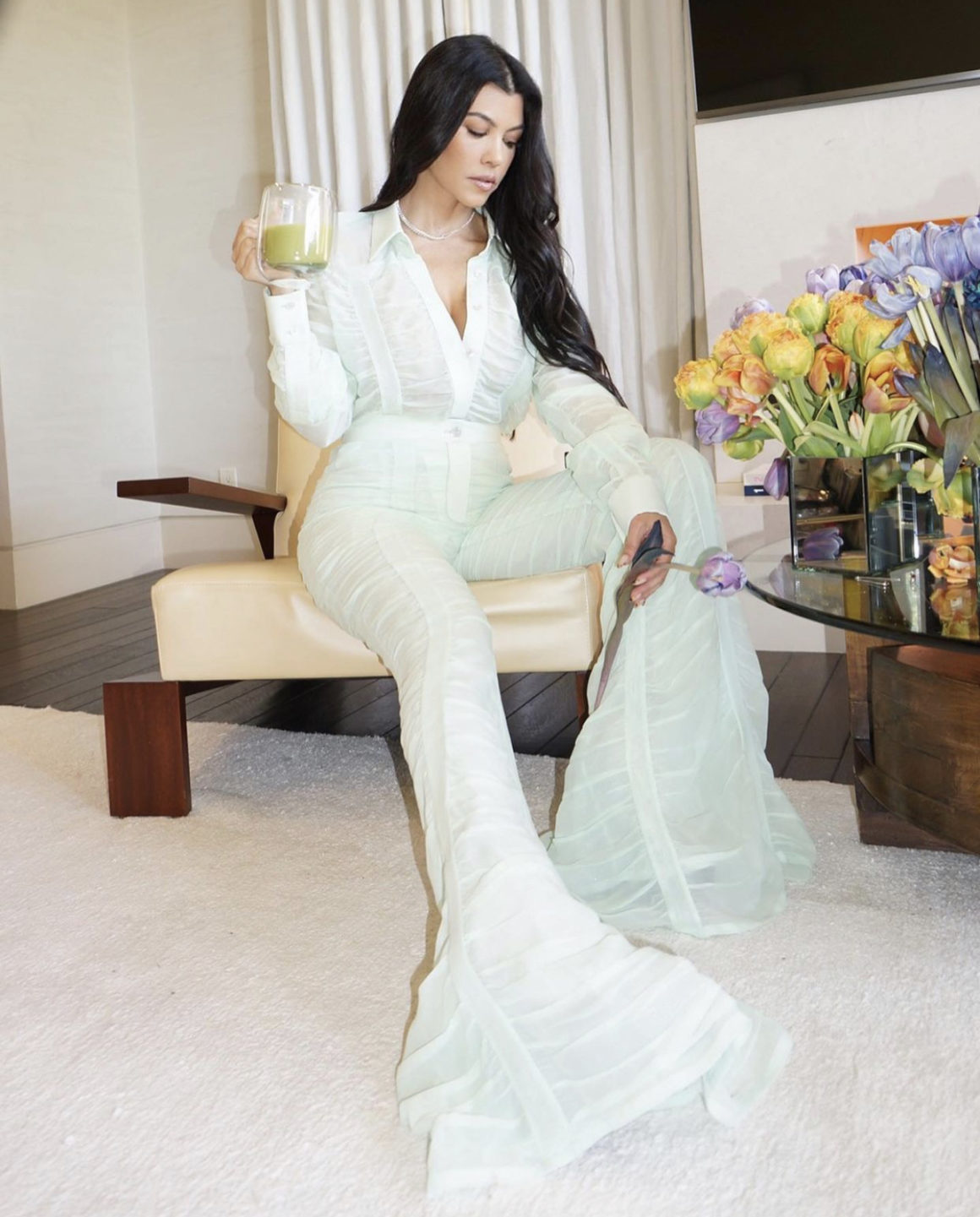 Kourtney Kardashian Promotes Her Poosh Brand Wearing Mint Green Ruched Blouse and Wide Leg Pants by Ferragamo3