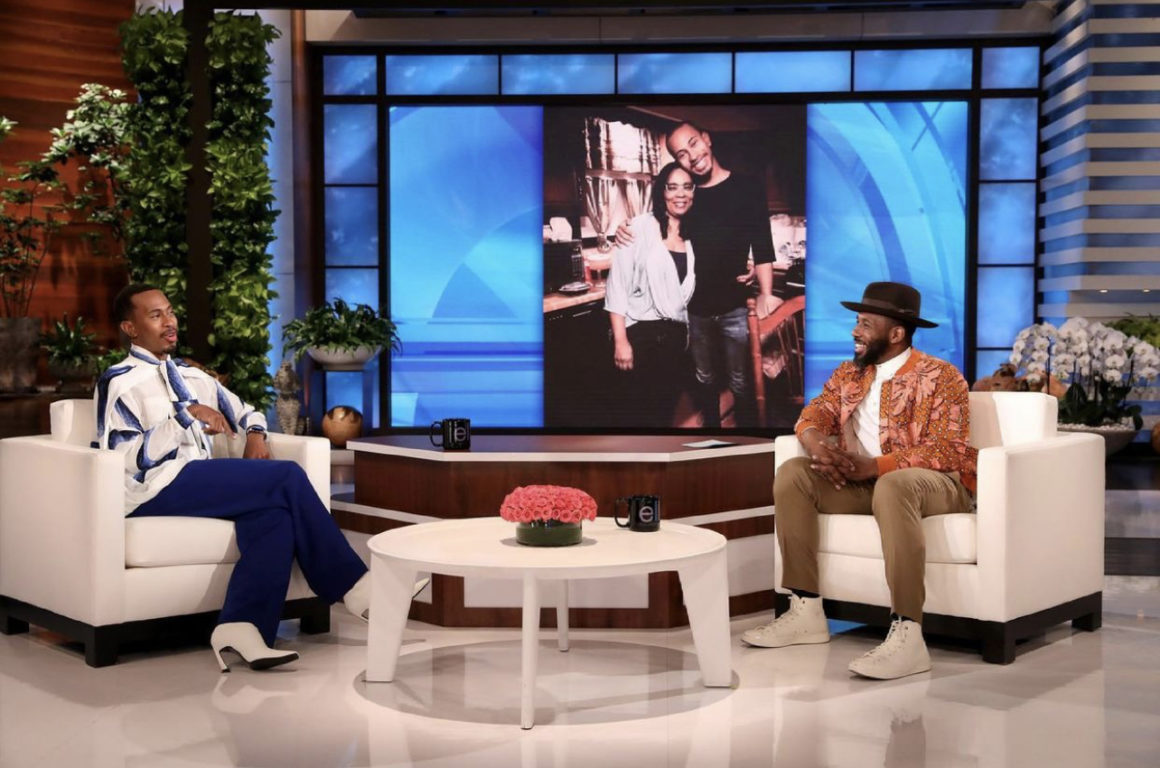 Kalen Allen Co Hosts The Ellen Show for Juneteenth Wearing a Burberry Blue and White Bow Detail Blouse and Express Blue Pants2