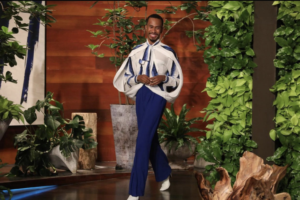 Kalen Allen Co Hosts The Ellen Show for Juneteenth Wearing a Burberry Blue and White Bow Detail Blouse and Express Blue Pants3