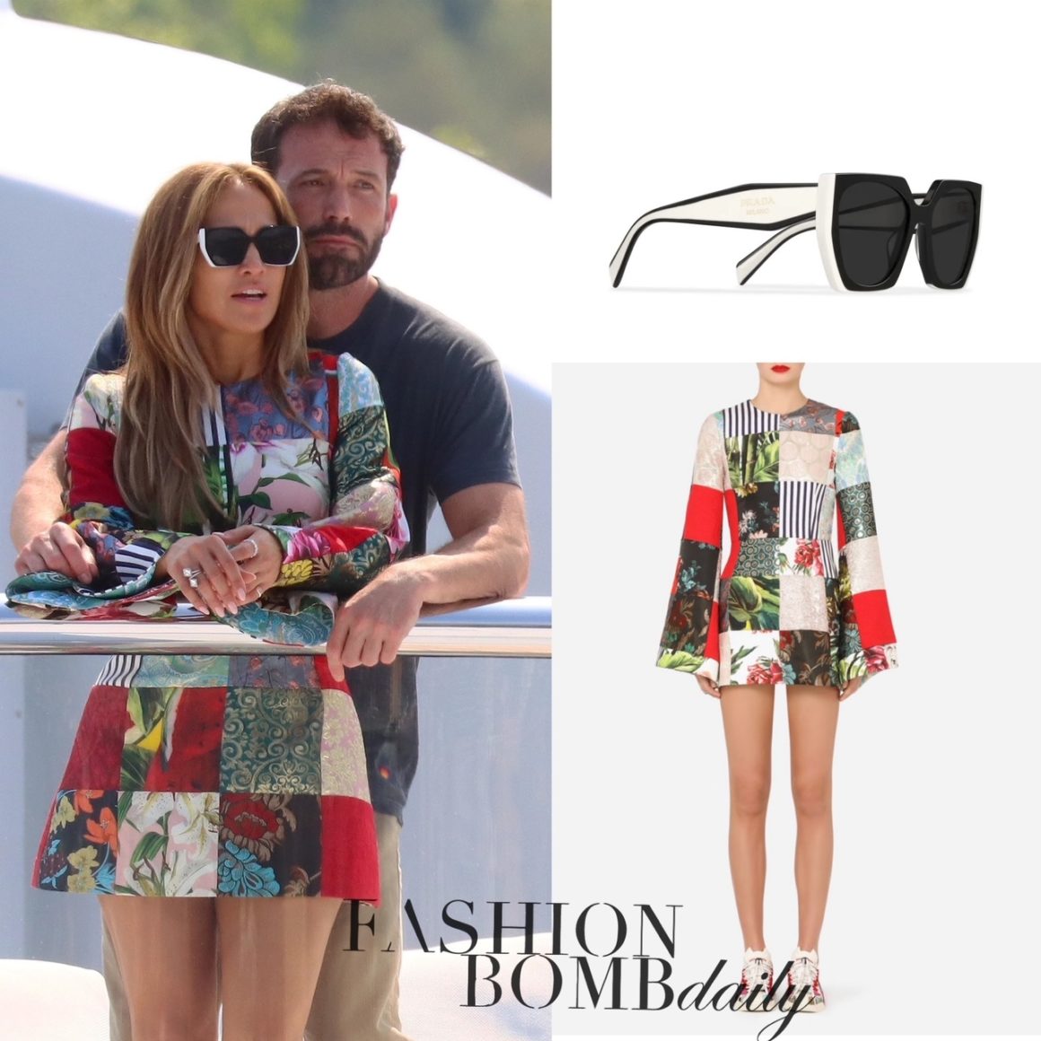 Bennifer Are Back! JLo Yachts with Ben Affleck in Prada Black and White  Sunglasses and Dolce & Gabbana Patchwork Dress