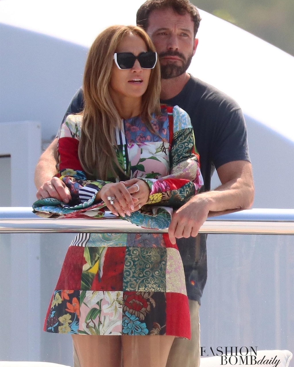Bennifer Are Back! JLo Yachts with Ben Affleck in Prada Black and White  Sunglasses and Dolce & Gabbana Patchwork Dress
