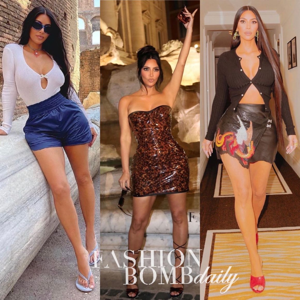 Kim Kardashian Serves Looks While in Rome Wearing Barragán White Lace Dress,  Clio Peppiatt Leather Chainmail Wrap Skirt, Vintage, The Fashion Bomb Blog