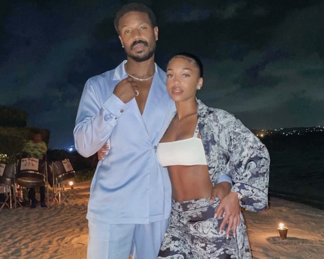 Lori Harvey and Michael B. Jordan Spotted on Romantic Getaway: Lori Wears  Dior Navy and White Matching Jacket and Pants With Michael in Dzojchen Blue  Silk Set