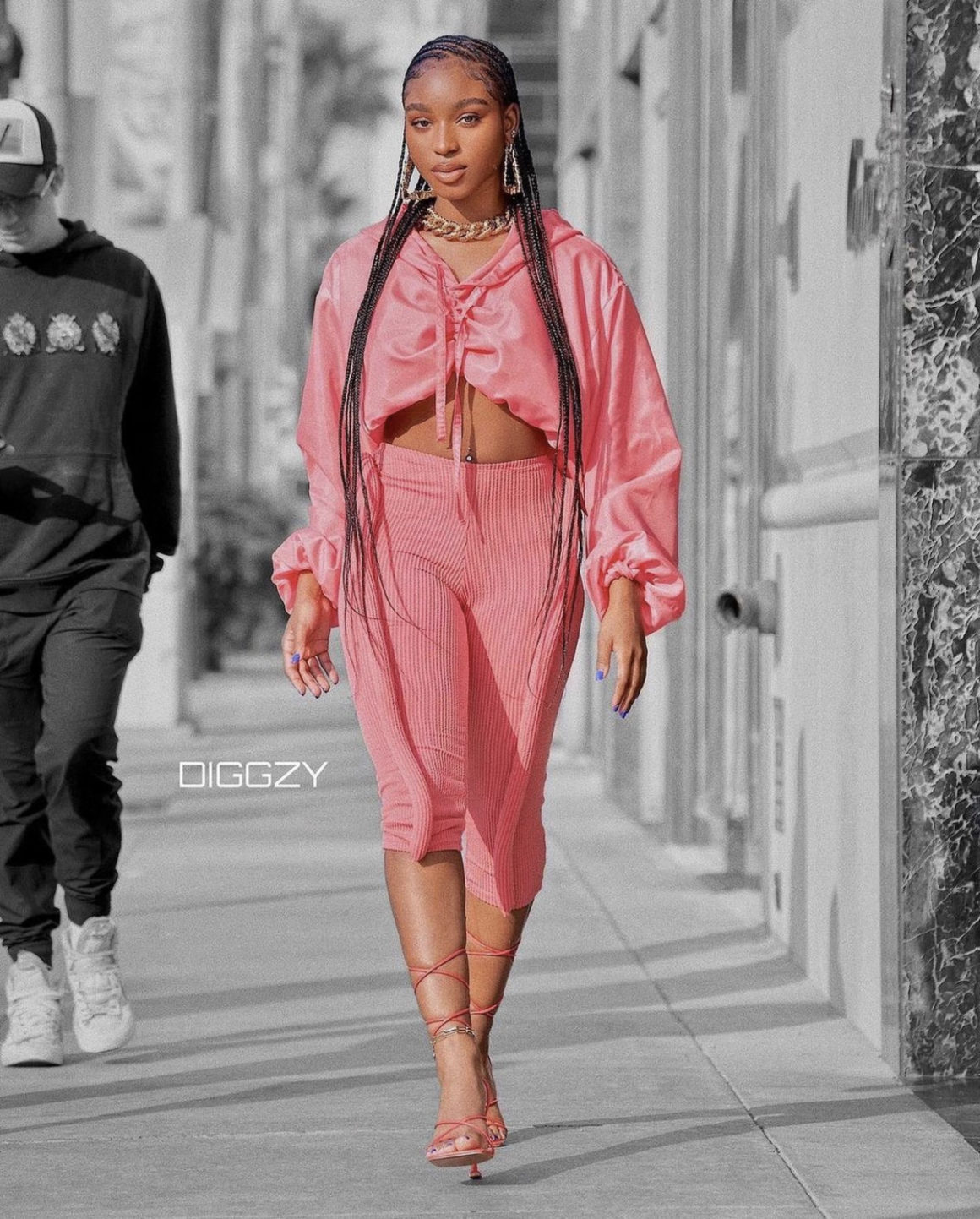 Normani Struts on Rodeo Drive Rocking a Pink Crop Hoodie and Capri Leggings by TLZ LFemme