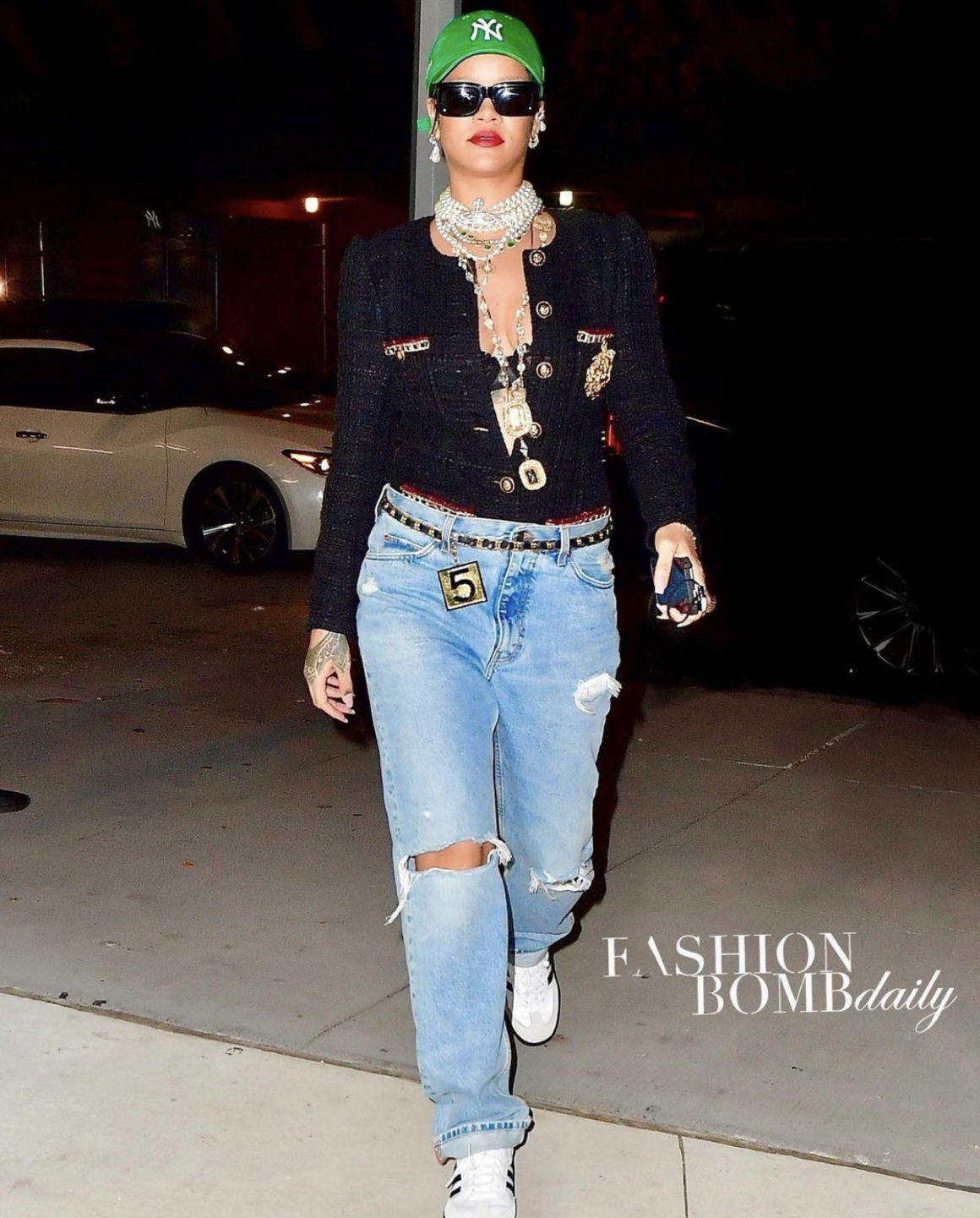 Rihanna Makes Grocery Store Runs Look Cool Wearing Tweed Jacket, Distressed  Jeans, and Green Baseball Cap Paired Chain and Pearl Accessories – Fashion  Bomb Daily