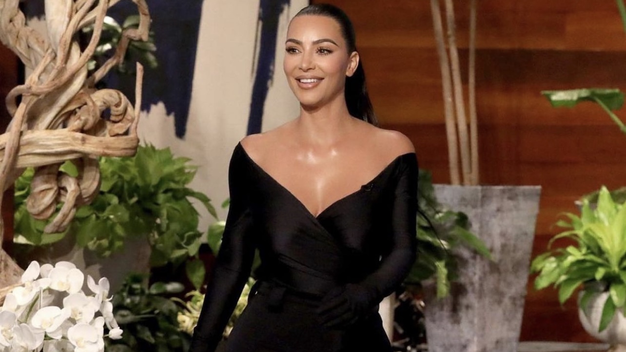 Kim Kardashian Appears on The Ellen Show Wearing Balenciaga Black Off the Shoulder Gathered Top and Pantashoes cover