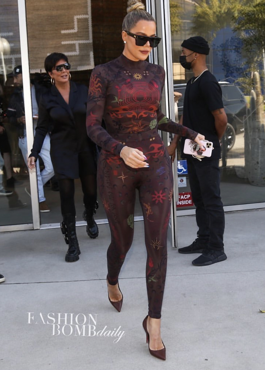 Celebs Love: Khloe Kardashian, Lah Luvie, and Rihanna Spotted in Marine  Serre Tattoo Print Long Sleeve Top – Fashion Bomb Daily