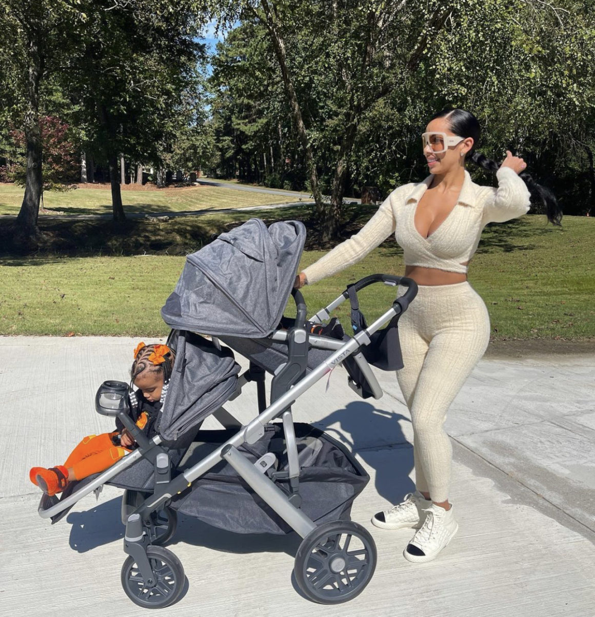 Erica Mena Carries Out Her Mommy Duties In Cozy Cream Two Piece Set