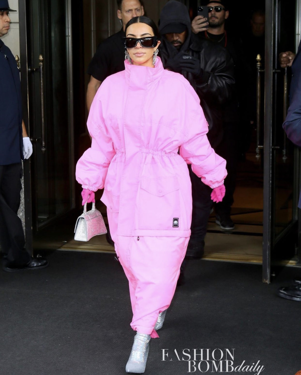 Kim Kardashian Heads Out With Kanye West in NYC Wearing New Pink Look Including Balenciaga Resort 2020 Pink Maxi Puffer Coat
