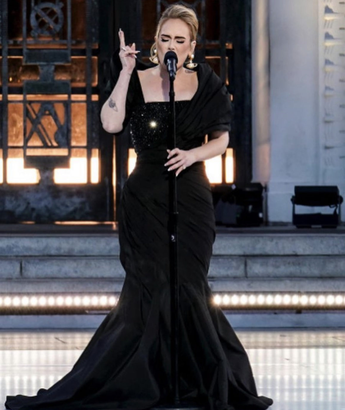 Adele's white rhinestone suit & nude camisole for Oprah interview