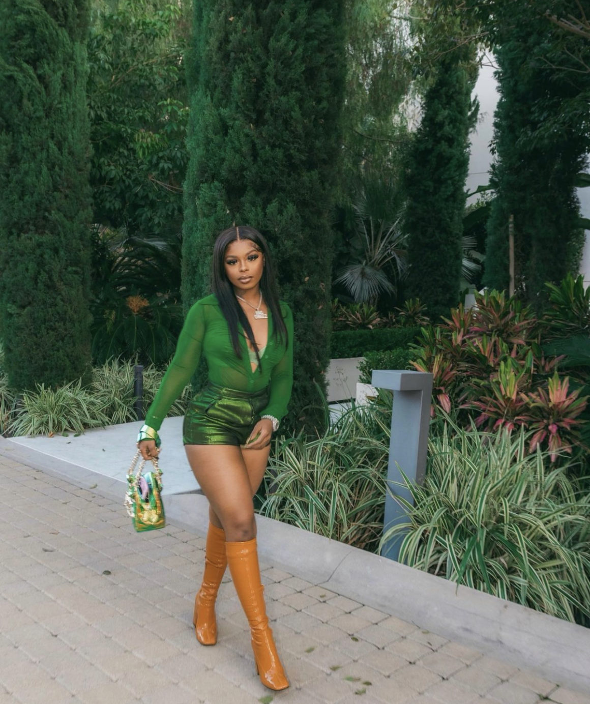 Dreezy Rocks Green Outfit Including Fashion Nova Green Mesh Bodysuit and Satin  Bralette – Fashion Bomb Daily
