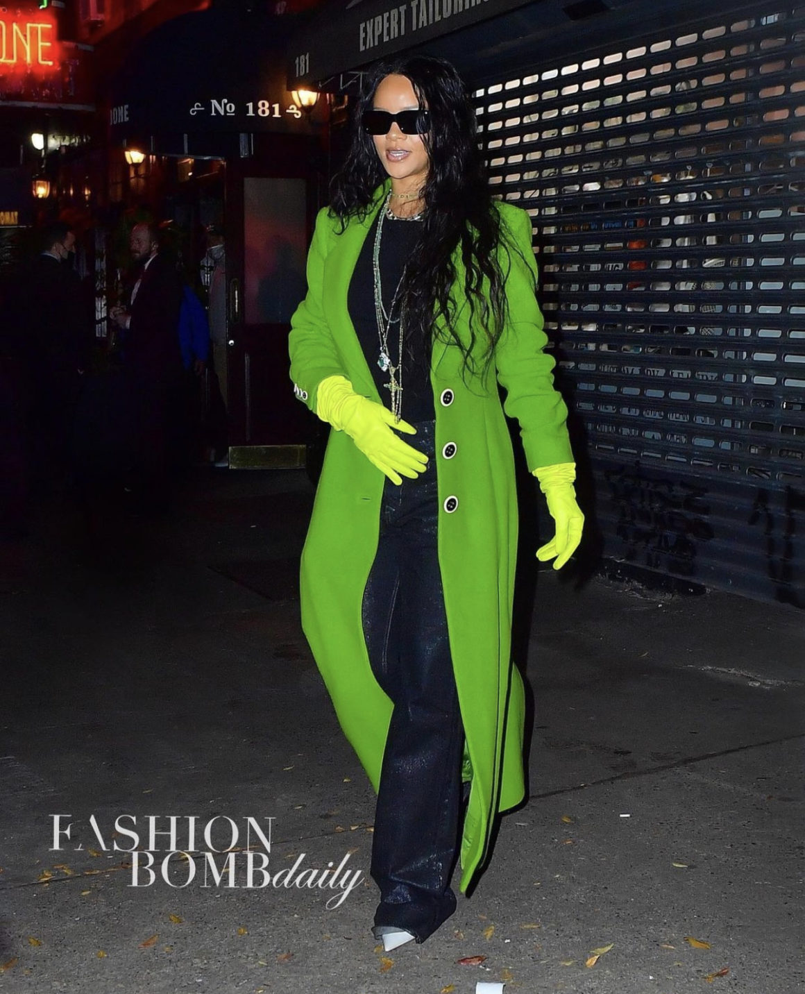 Rihanna Heads to Dinner Wearing Marina Moscone Green Long Coat Rick Owens Black Coated Bootcut Jeans Neon Gloves and White Pumps