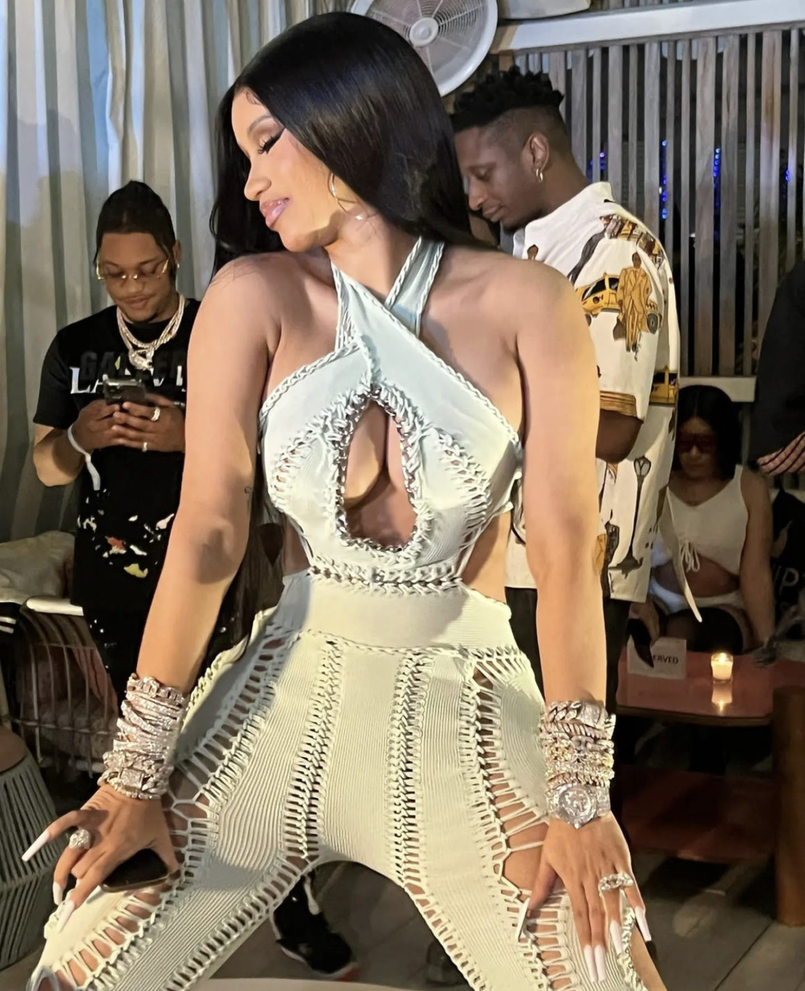 Cardi B Wears Mark Fast Mint Halter Cutout Catsuit at Her Whipshots Launch Party in Miami 3