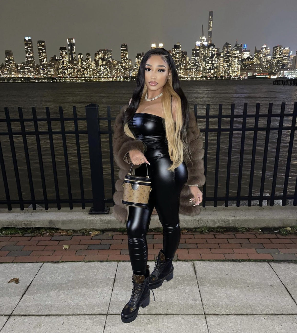 Ella Rodriguez Rocks Fashion Nova Black Faux Leather Style Tube Jumpsuit While in NYC2