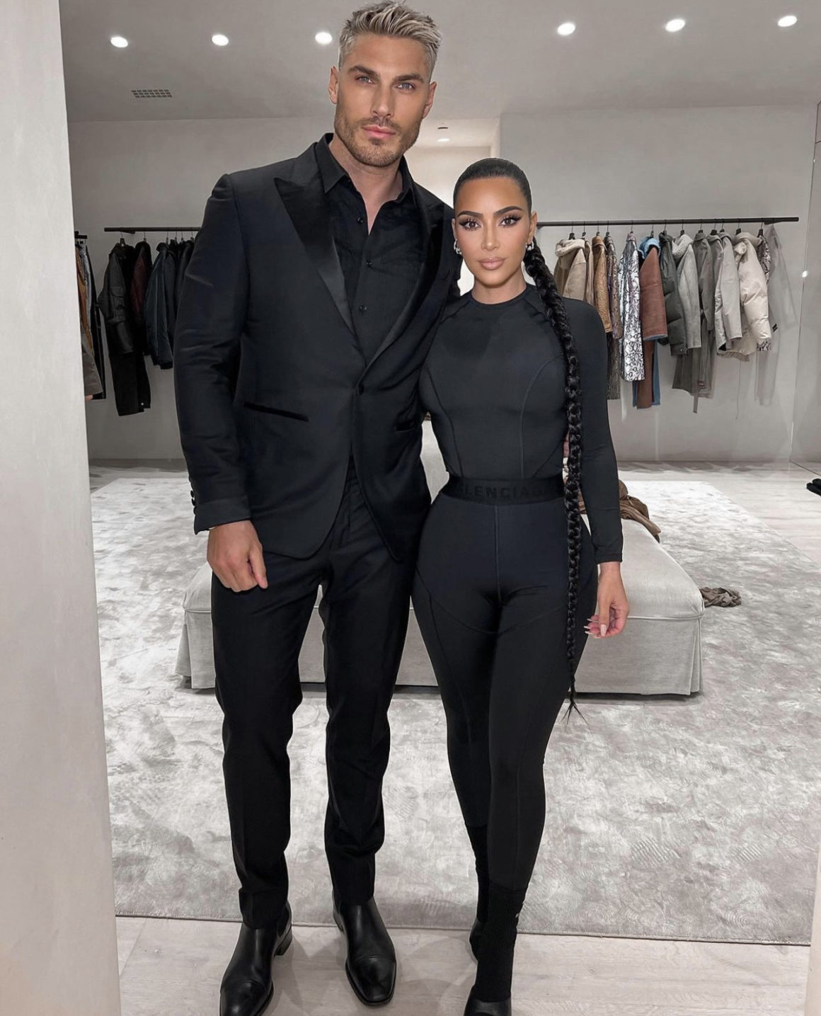 Kim Kardashian Poses With Hairstylist Chris Appleton Wearing Balenciaga Black Top and Leggings Look