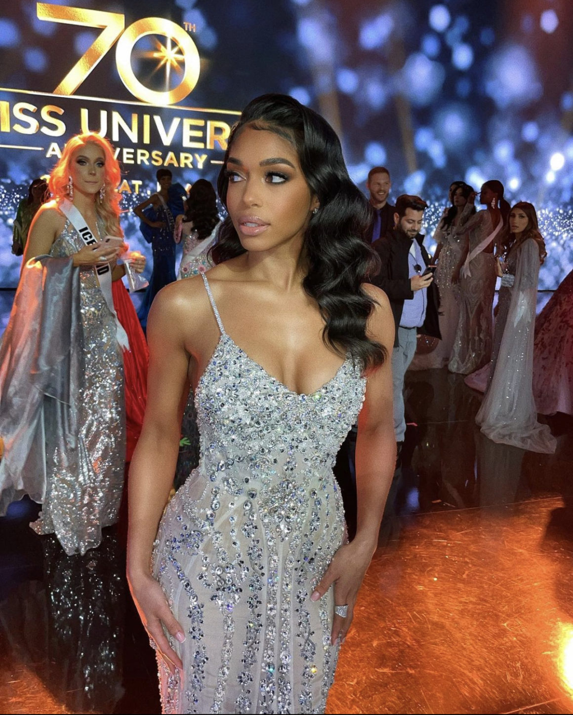 Lori Harvey Stuns at the 2021 Miss Universe Pageant Wearing Dolce and Gabbana Crystal Embellished Gown2