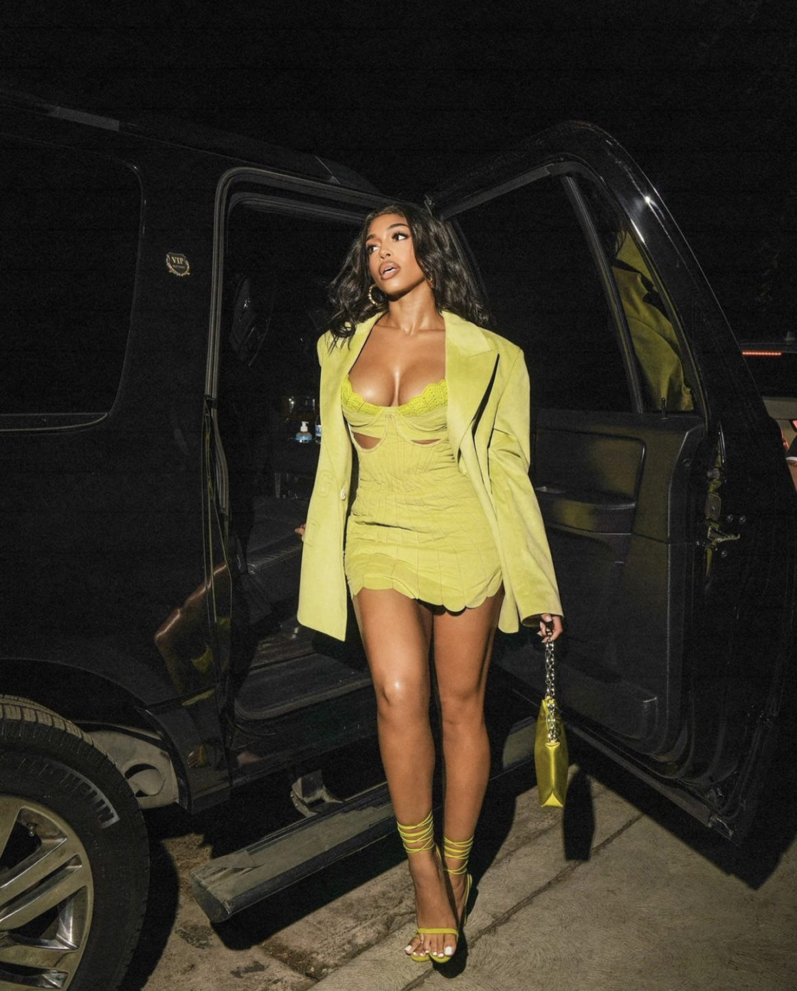 Most Requested Lori Harvey Rocks GCDS Green Blazer Jacket and Shell Mini Dress During Night Out