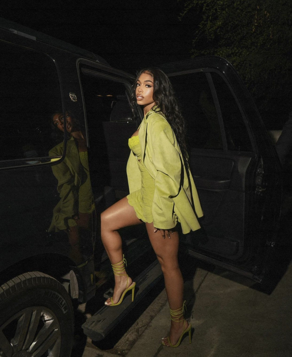 Most Requested Lori Harvey Rocks GCDS Green Blazer Jacket and Shell Mini Dress During Night Out4