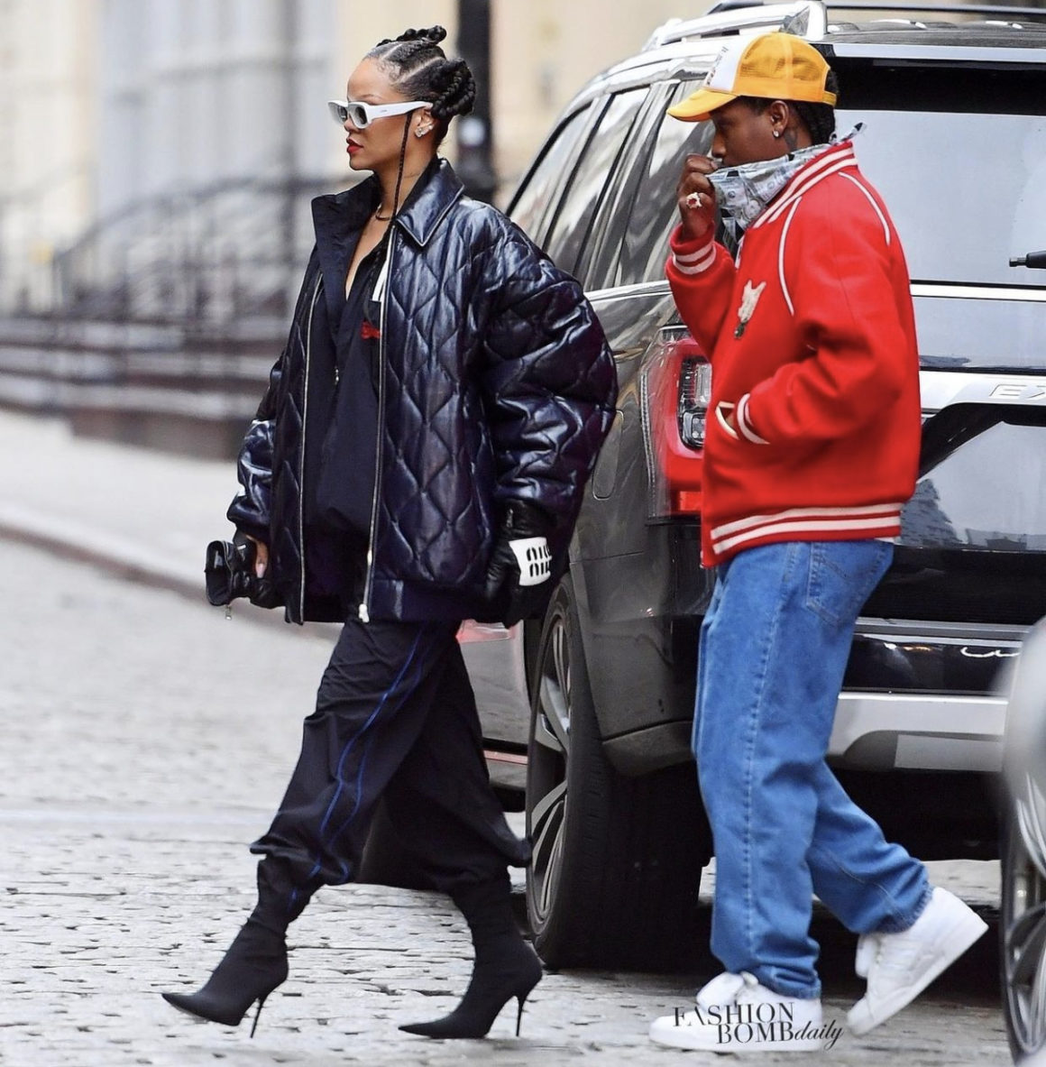 Rihanna and AAP Rocky Spend the Day Shopping Together in NYC Rihanna Wears Miu Miu Quilted Patent Jacket With Martine Rose Black Tracksuit and Balenciaga Black Ankle Boots cover