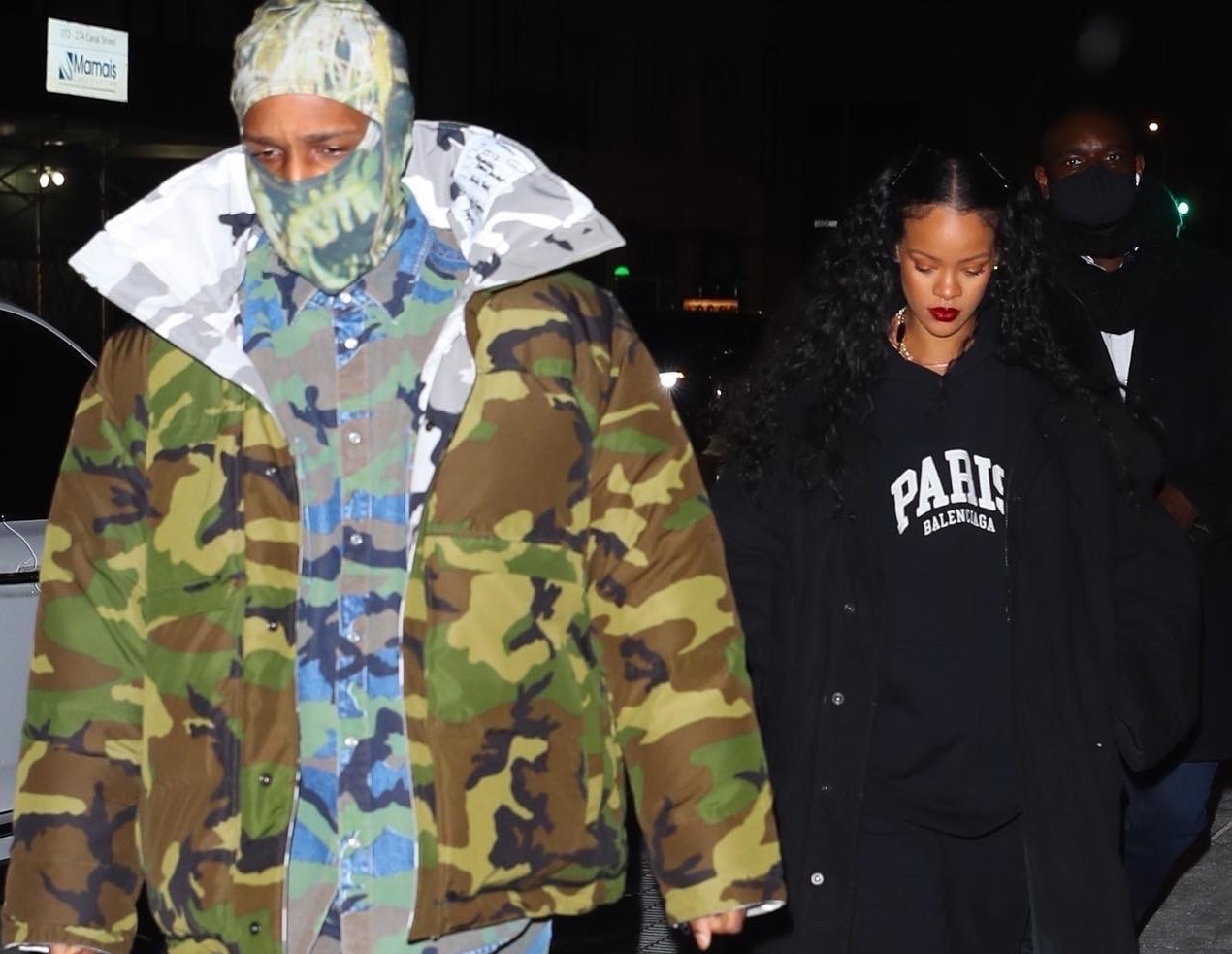 Rihanna and ASAP Rocky at Bottega in Black Balenciaga Parka, Sweatshirt, and Shoes, and Camouflage Vetements