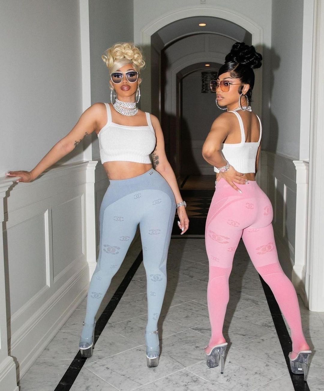 Cardi B and Hennessy Carolina Pose in Pink and Blue Chanel Leggings and  Sybgco Giant Crystal Hoops – Fashion Bomb Daily