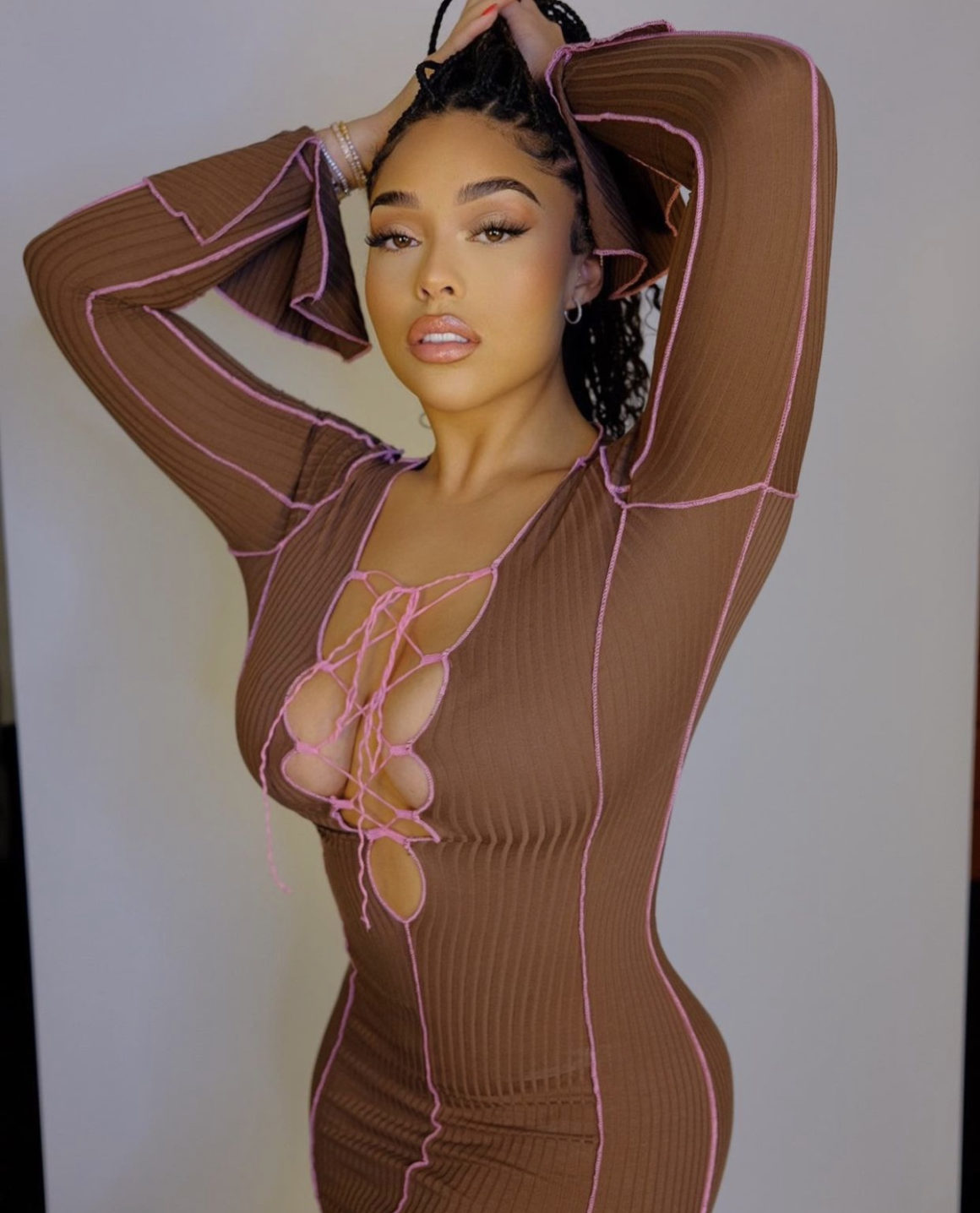 Jordyn Woods Stuns in Fashion Nova Brown and Pink Exposed