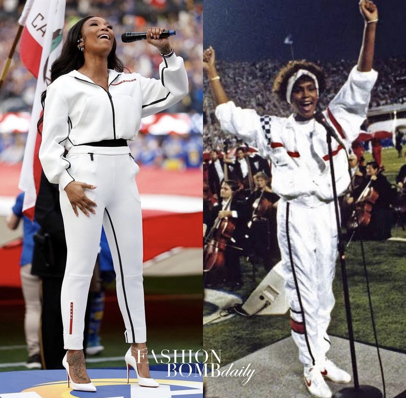 Brandy Pays Homage to Whitney Houston, Singing the National Anthem at 49ers  vs LA Rams NFC Championship Wearing White Prada Tracksuit