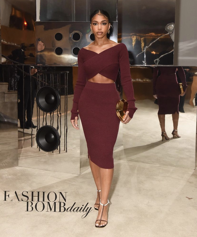 Lori Harvey Attended A Burberry Take Over Event Wearing A Burberry Maroon  Burgundy Knit Crop Top And Skirt Set 