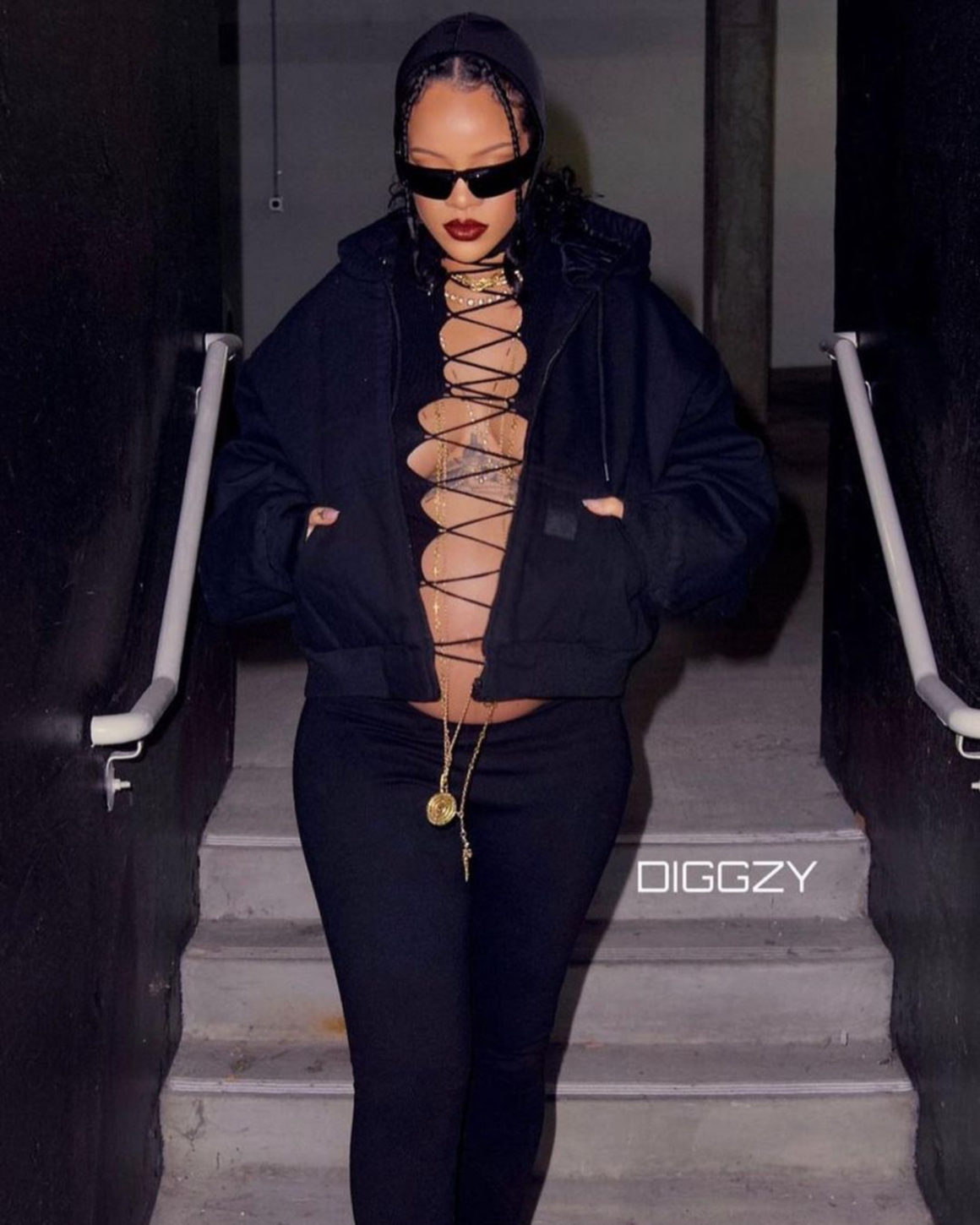 Rihanna Shows Off Her Baby Bump in Balenciaga Wrap Sunglasses, Black Lace  up Jean Paul Gaultier Top, Carhartt Jacket, and The Attico Jamie Stirrup  Leggings – Fashion Bomb Daily