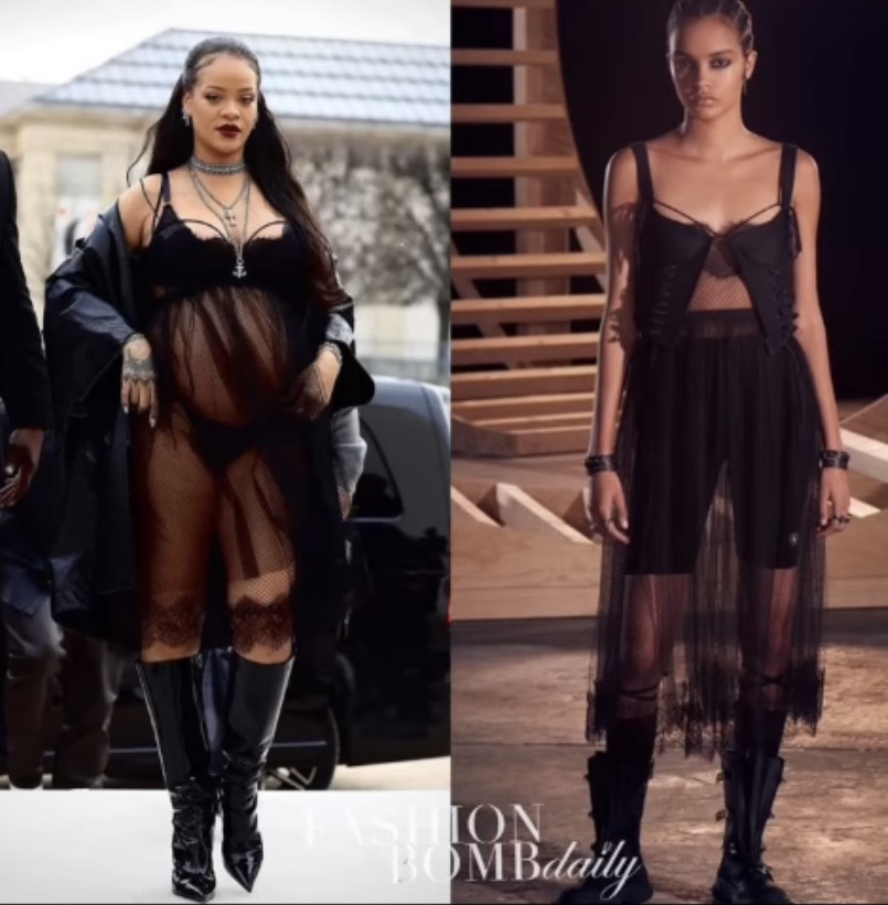 Rihanna Attends 2022 Dior Fashion Show Wearing Sheer Black Dior Dress and  Amina Muaddi Patent Leather Boots