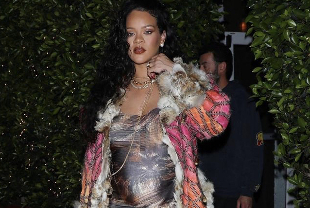 Rihanna Dines at Nobu in Alaia Blue Denim Knit Halter Top, Pants