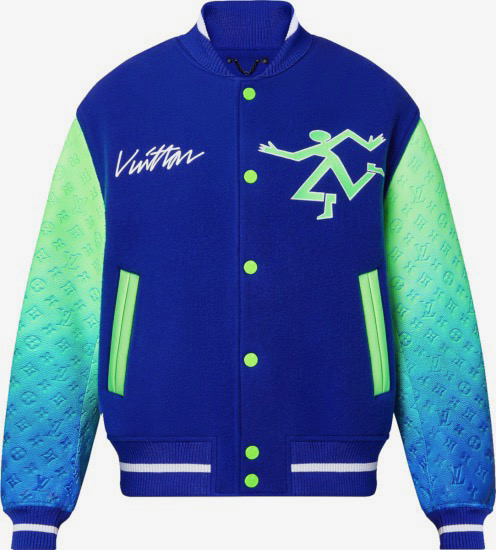 Money Man Wearing a Blue & Neon Varsity Jacket With a Louis