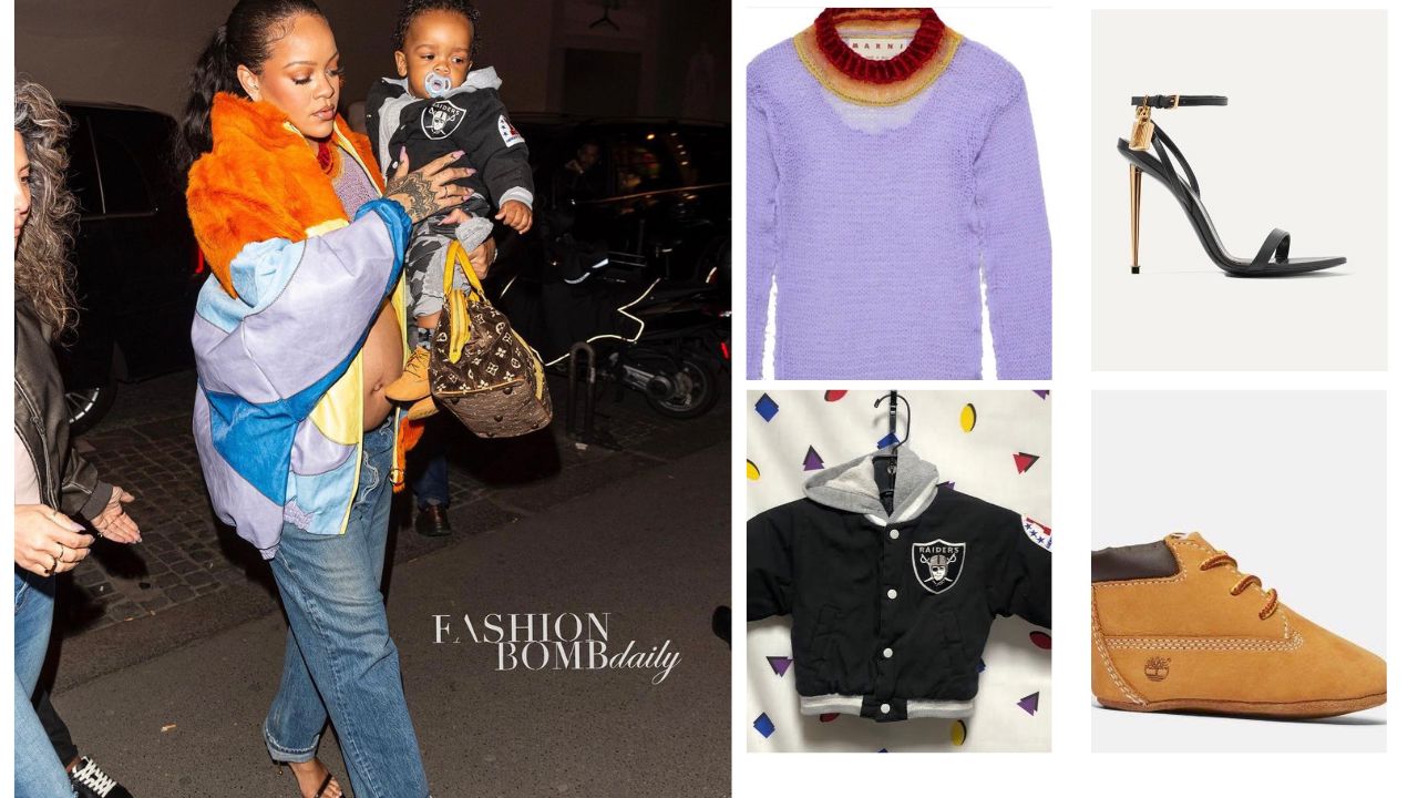 Rihanna Wore a Marni Multicolor Jacket and Marni Knitted Top with her son in a Raiders NFL Jacket and Timbs while Shopping at Louis Vuitton in Paris
